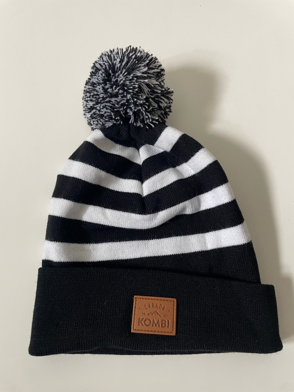 Kombi Merino Wool The Cottage Toque Beanie Hat Pom Pom Striped Black White